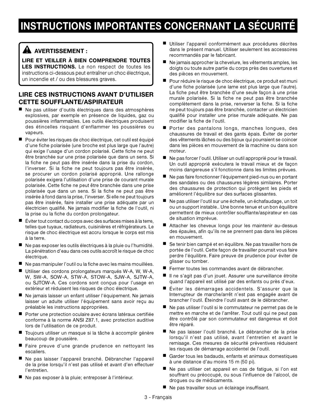 Ryobi RY42110 manuel dutilisation Instructions Importantes Concernant La Sécurité, Avertissement  